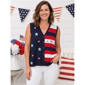 Karen Scott Patriotic Sweater Vest USA Flag Stars Hearts Americana Size L